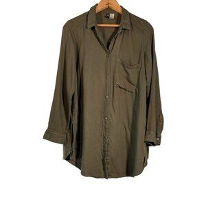 Divided by H&M Army Green Long Sleeve Button Down Cotton Shirt Women's Size 12